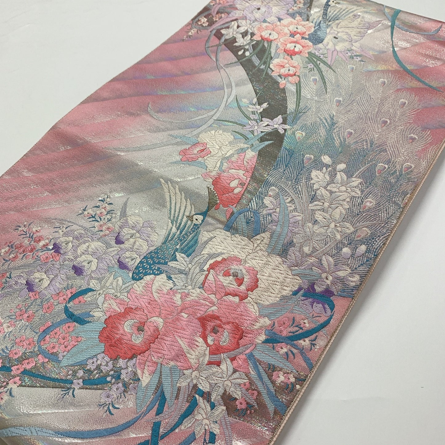 ［8966］袋帯 孔雀草花文様 刺繍 六通 正絹 着物 フォーマル