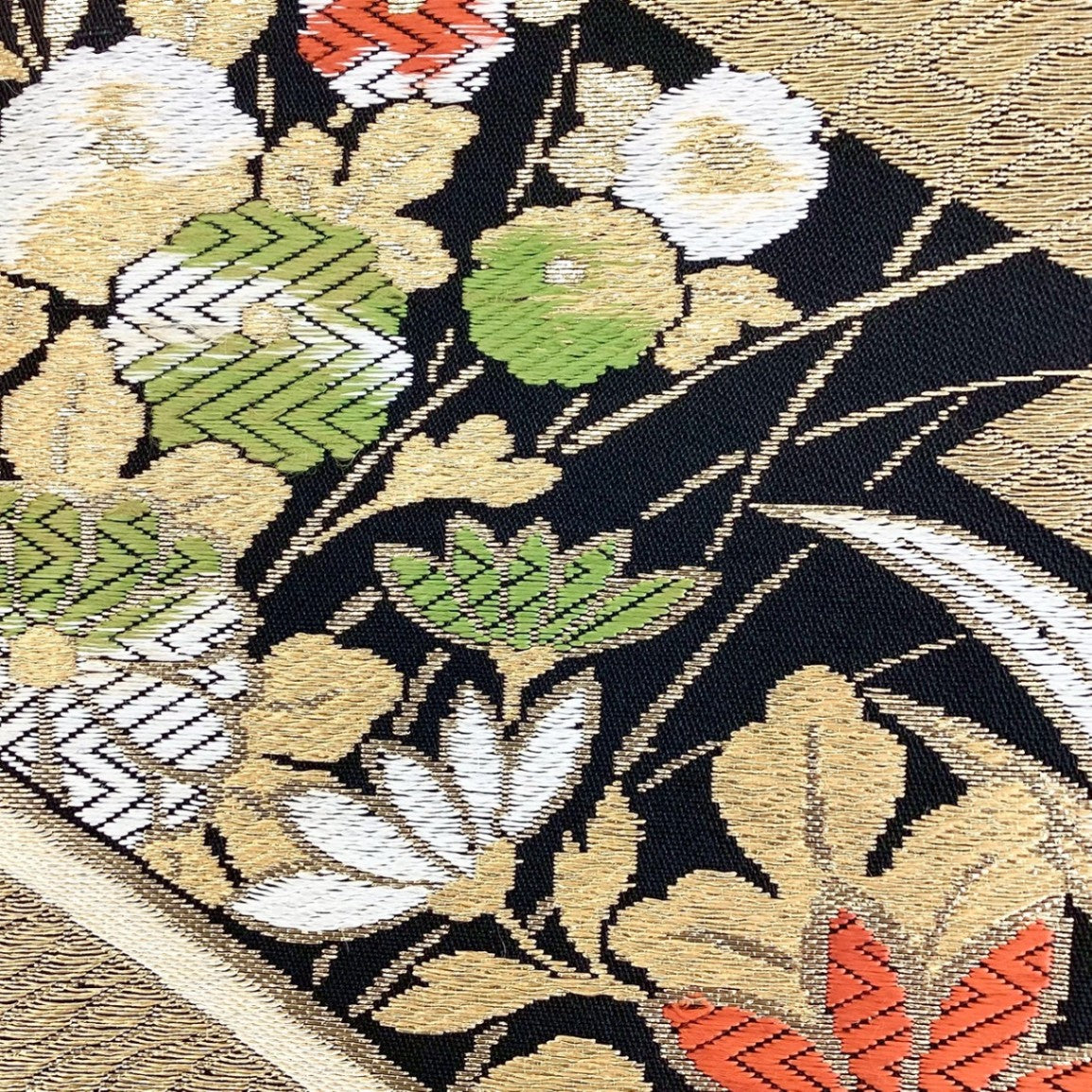 ［8862］袋帯 草花松皮菱文様 六通 黒地 未仕立て 正絹 着物 フォーマル