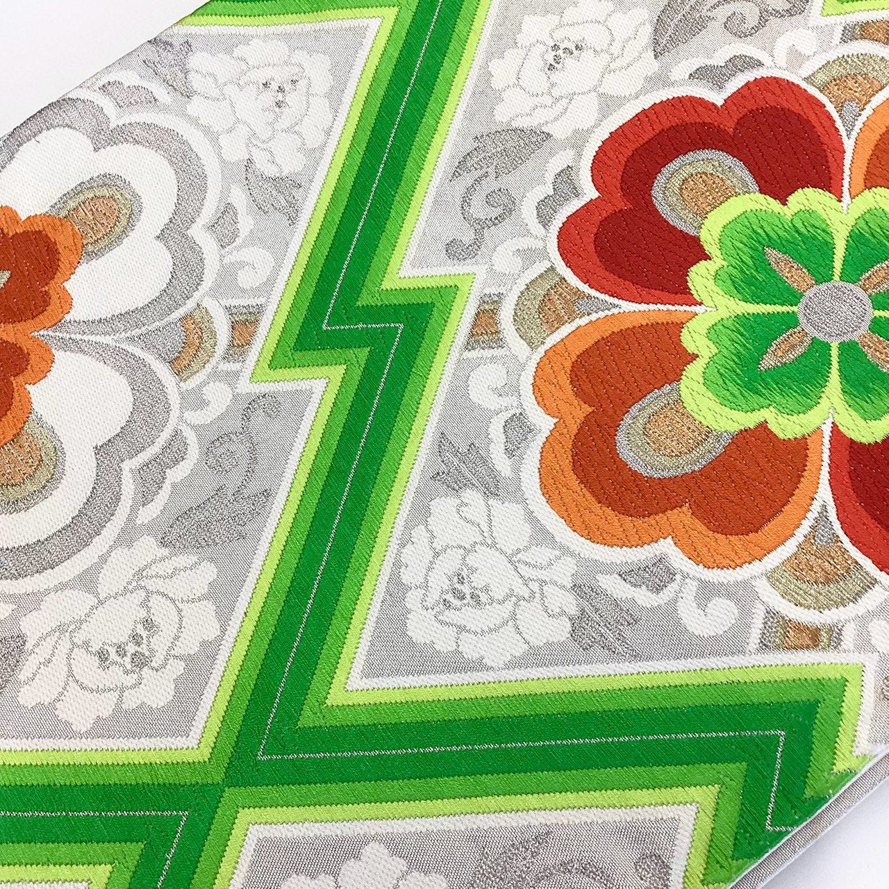 ［8902］袋帯 花菱文様 刺繍 銀彩 六通 正絹 着物 フォーマル