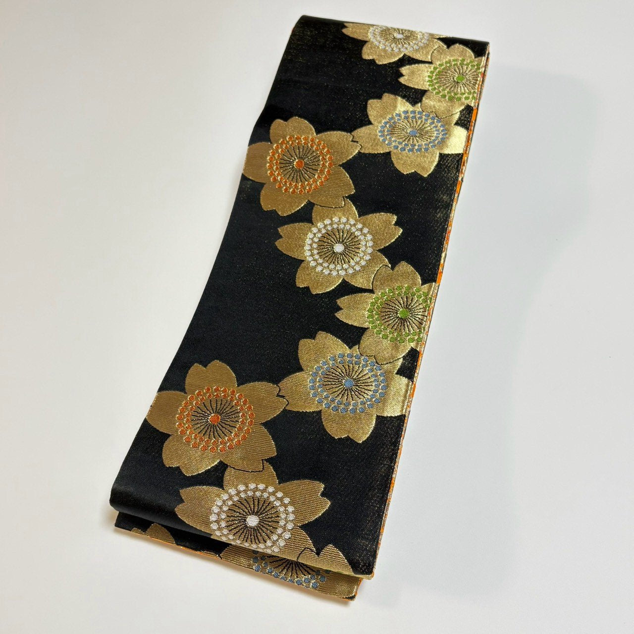 ［9545］半幅帯 美品 草花文様 黒 リバーシブル 半巾帯 浴衣 着物 レディース 袴