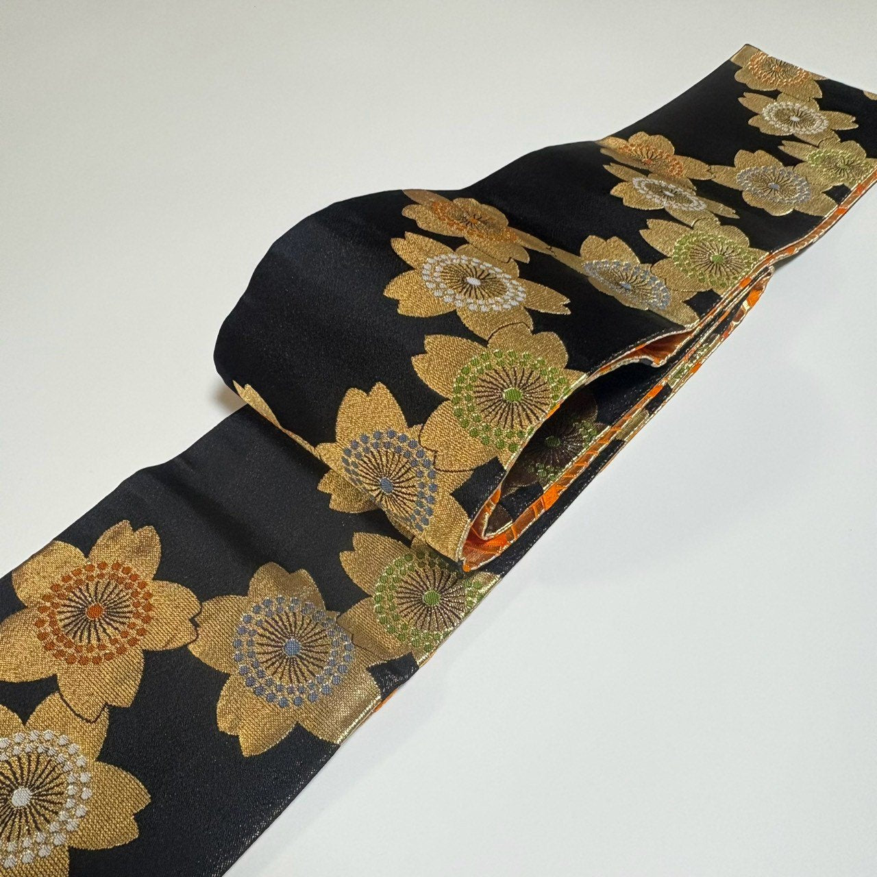 ［9545］半幅帯 美品 草花文様 黒 リバーシブル 半巾帯 浴衣 着物 レディース 袴