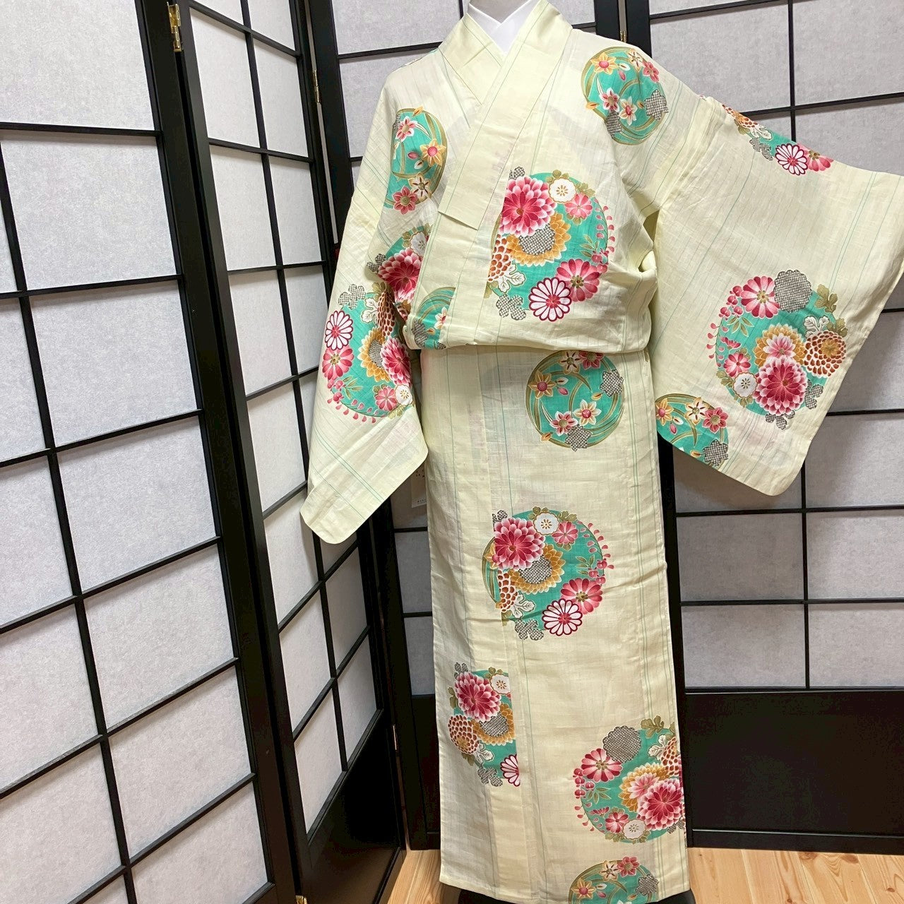 ［9145］浴衣 未使用 花丸文様 ゆかた レディース リメイク 綿