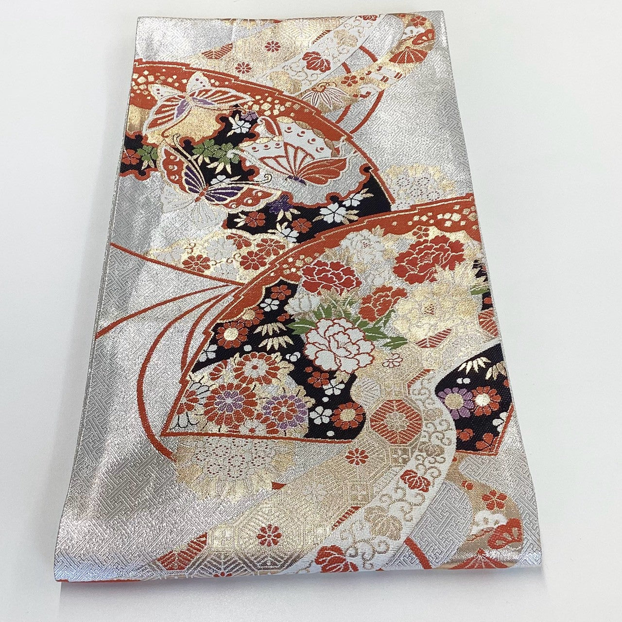 ［8900］袋帯 扇蝶草花文様 金彩 六通 正絹 着物 フォーマル