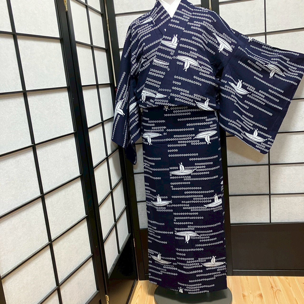 ［9454］浴衣 草葉船文様 ゆかた レディース 綿 リメイク