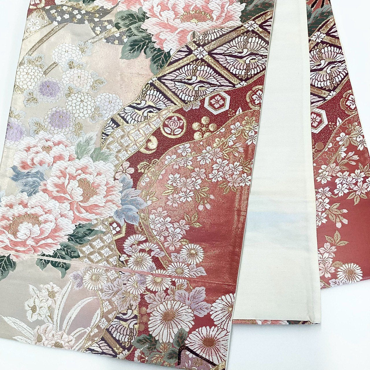 ［8885］袋帯 草花鳳凰吉祥文様 金糸 六通 正絹 着物 フォーマル