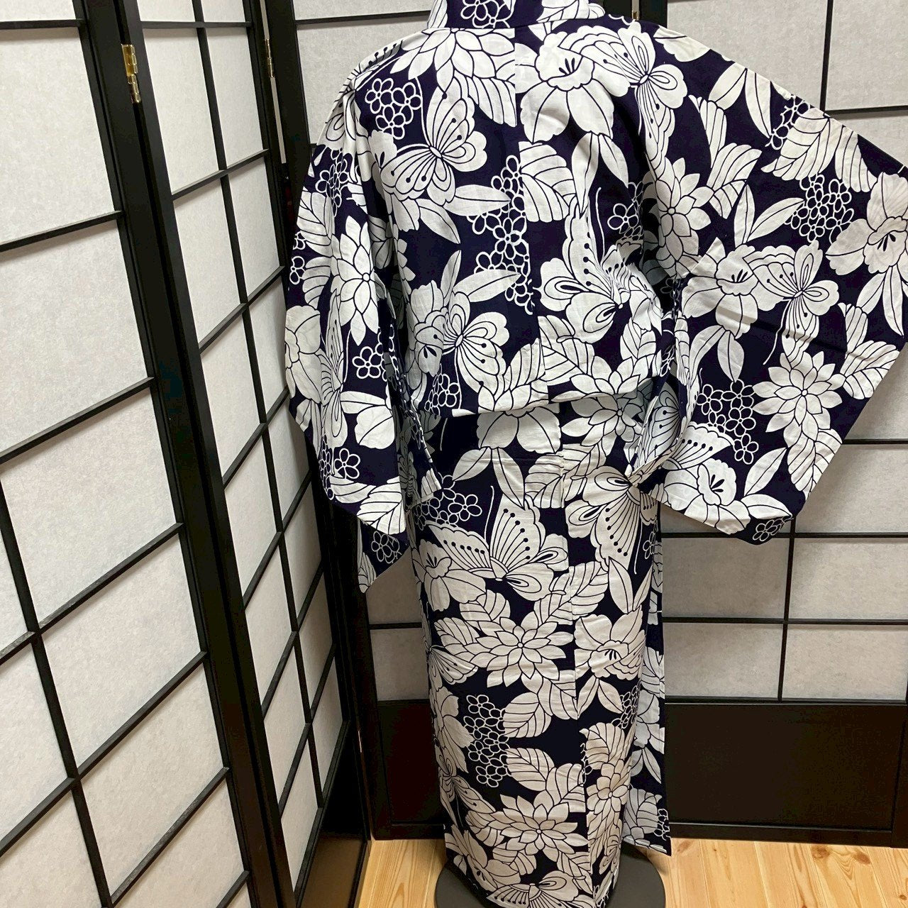［9087］浴衣 草花蝶文様 綿 リメイク ゆかた レディース