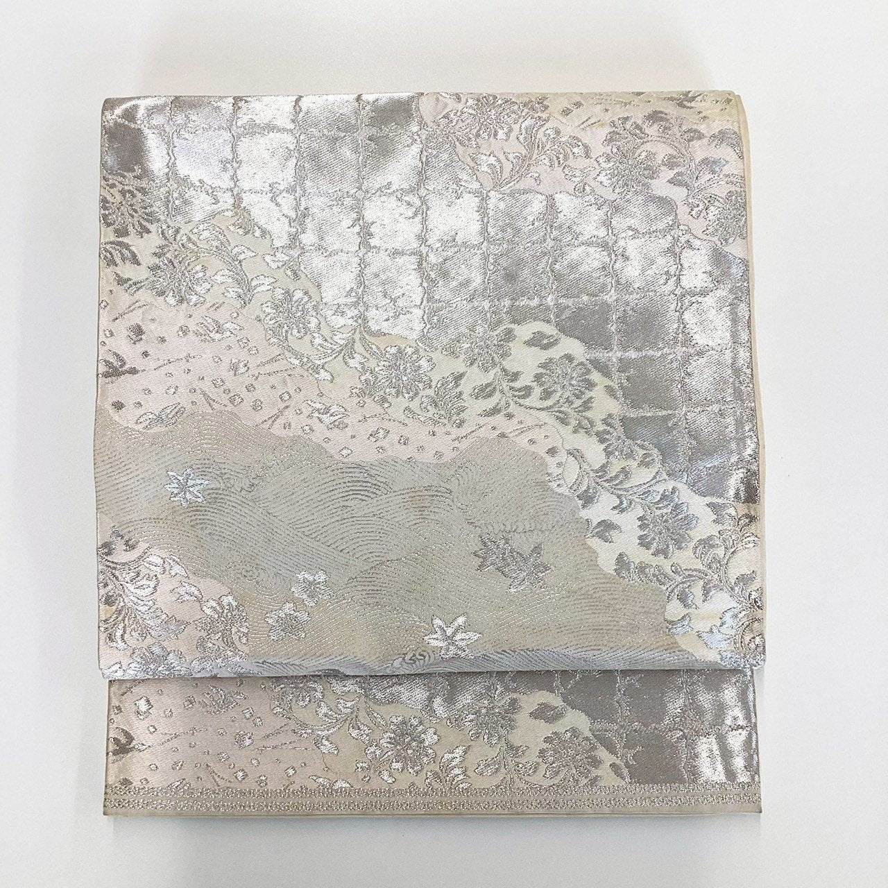 ［8873］袋帯 花唐草立波文様 銀糸 六通 未仕立て 正絹 着物 フォーマル