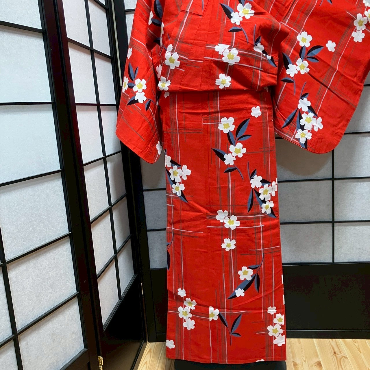 ［9446］浴衣 格子草花文様 ゆかた レディース リメイク 綿