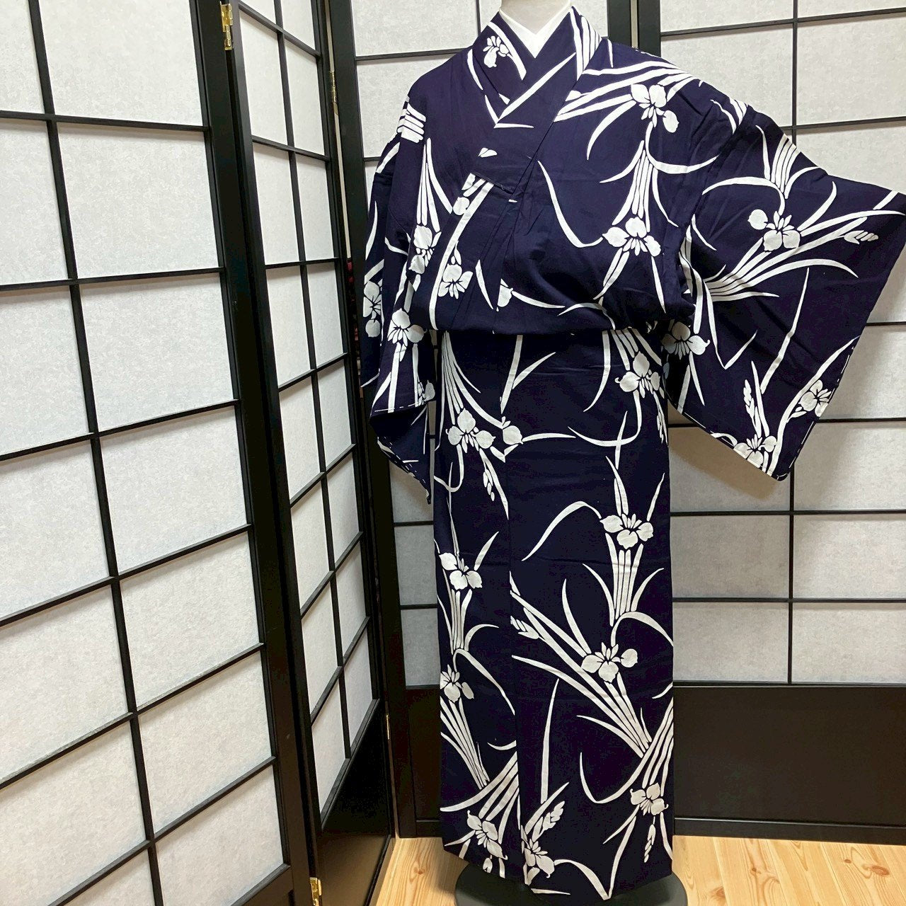［9479］浴衣 菖蒲文様 幅広サイズ ゆかた レディース リメイク 綿