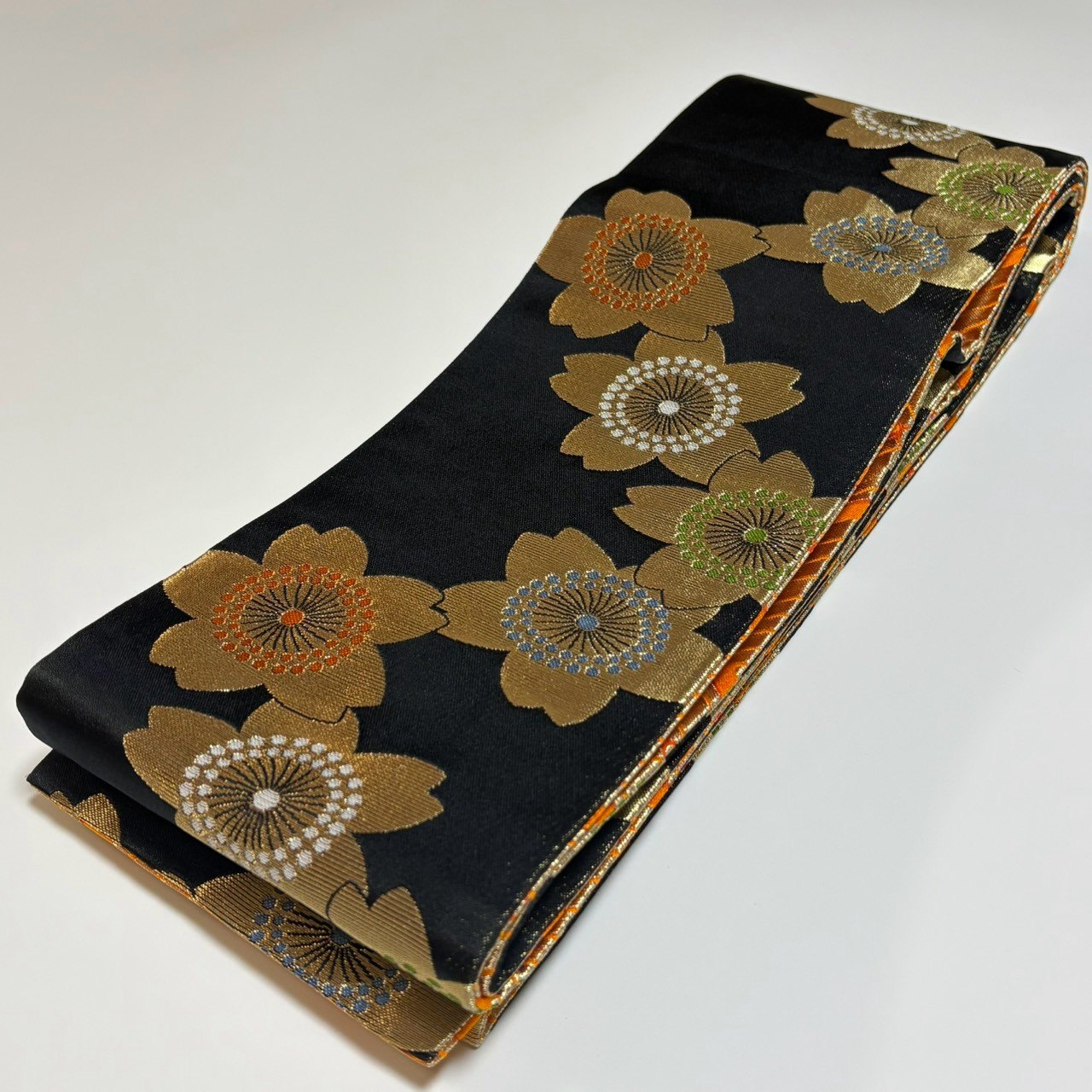 ［9545］半幅帯 美品 草花文様 黒 リバーシブル 半巾帯 浴衣 着物 レディース 袴
