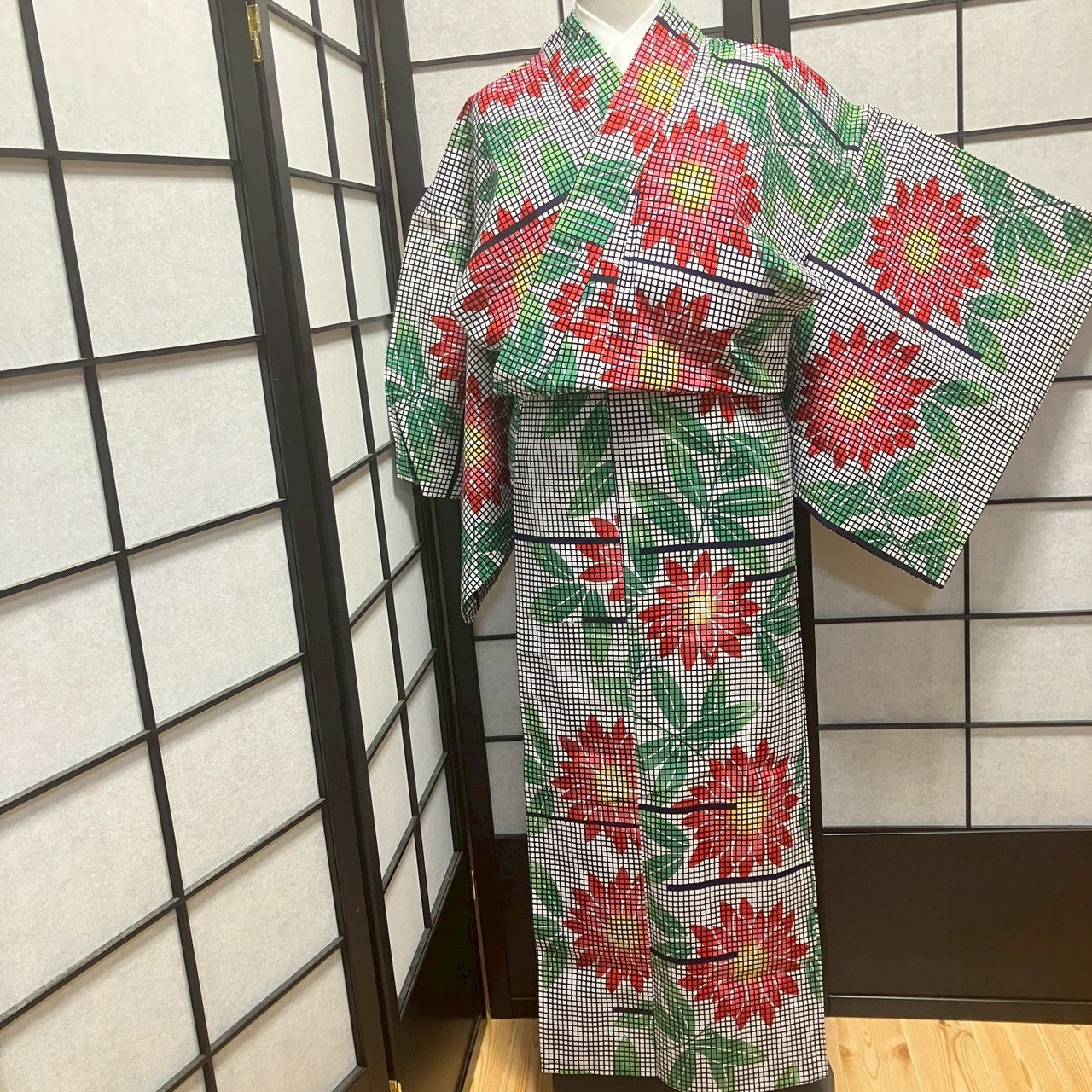［9150］浴衣 美品 草花格子文様 ゆかた レディース 綿 リメイク