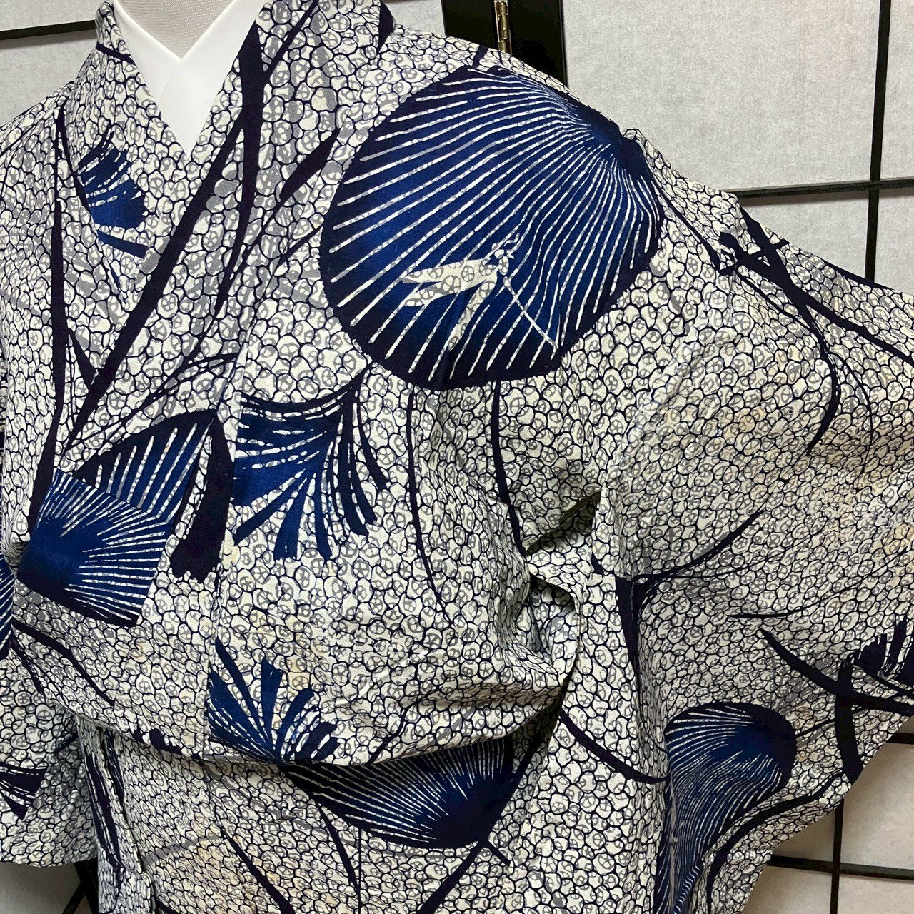 ［9068］浴衣 トンボ団扇文様 うちわ 綿 ゆかた レディース リメイク