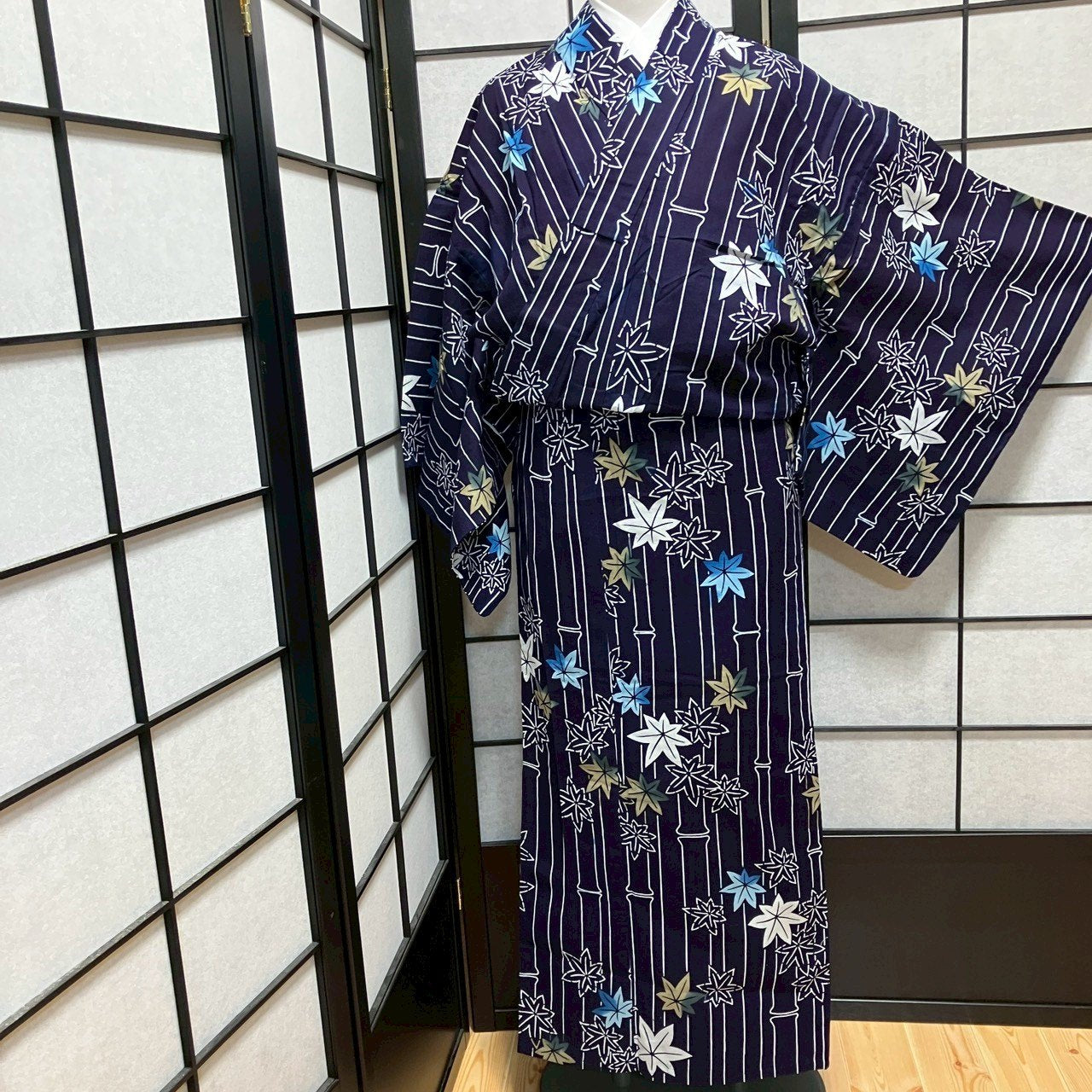 ［9457］浴衣 笹竹楓文様 ゆかた レディース 綿 リメイク