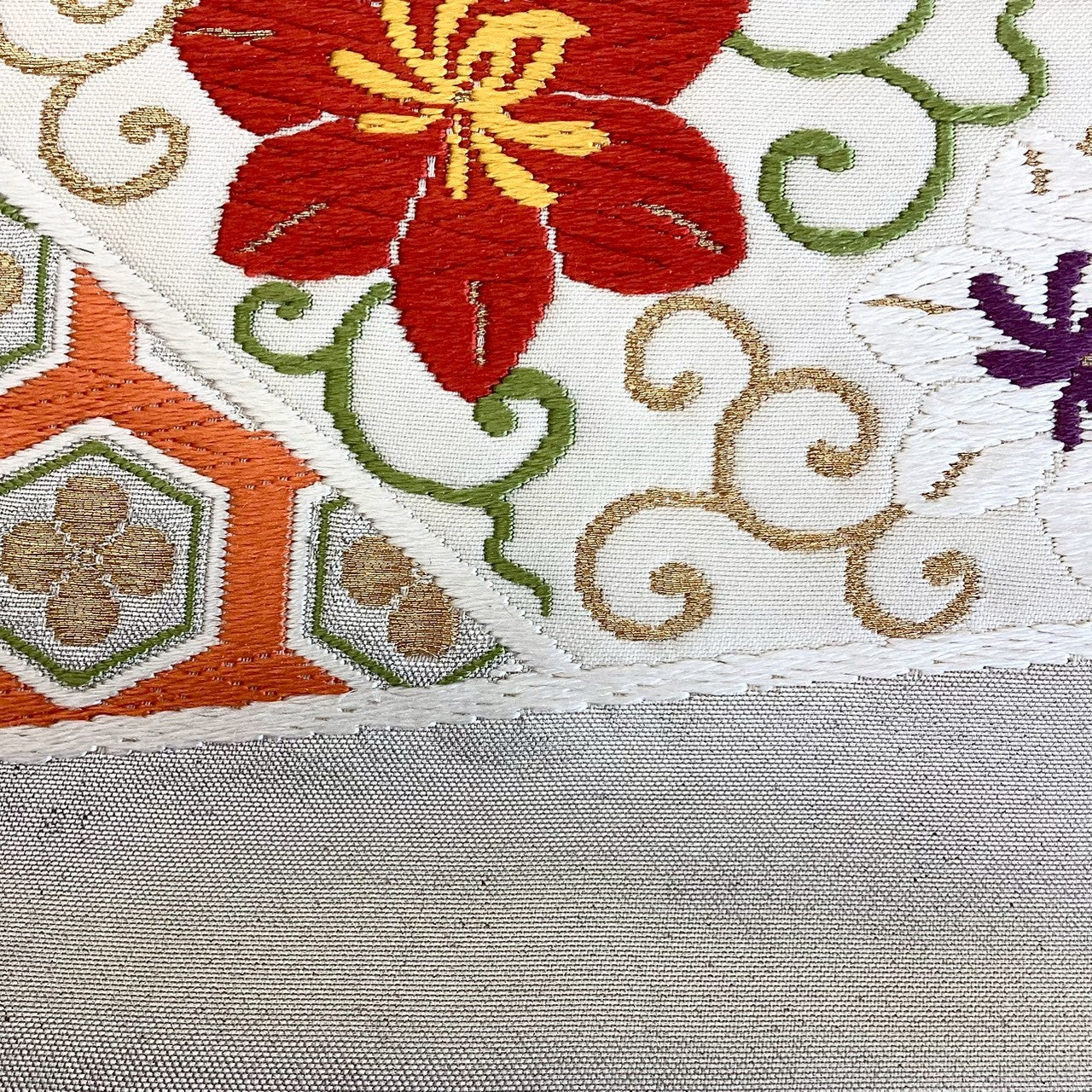 ［8848］袋帯 扇草花亀甲文様 刺繍 六通 正絹 着物 フォーマル