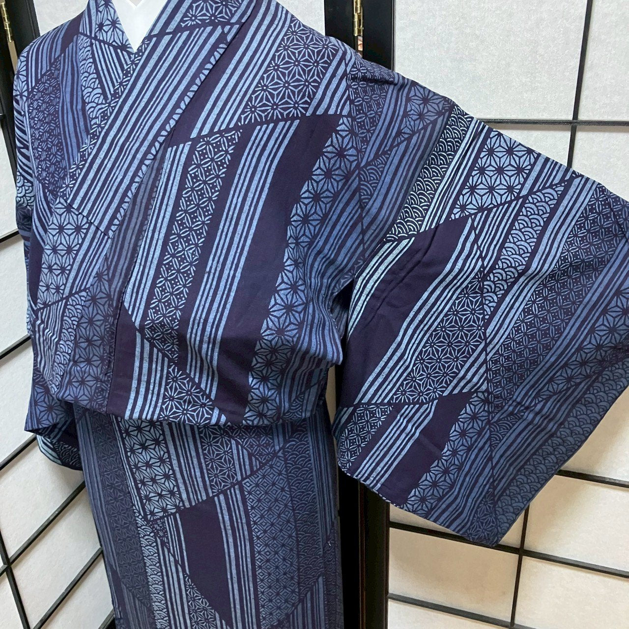 ［9465］浴衣 美品 麻の葉青海波吉祥文様 ゆかた レディース 綿 リメイク