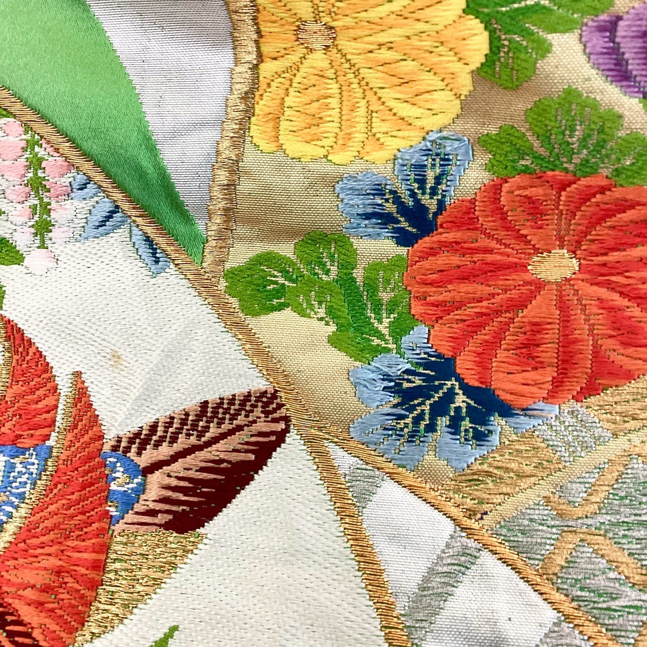 ［8821］袋帯 笹竹扇鴛鴦花文様 刺繍 六通 正絹 着物 フォーマル