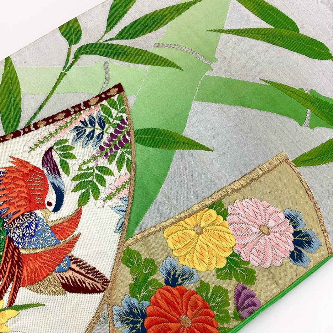 ［8821］袋帯 笹竹扇鴛鴦花文様 刺繍 六通 正絹 着物 フォーマル