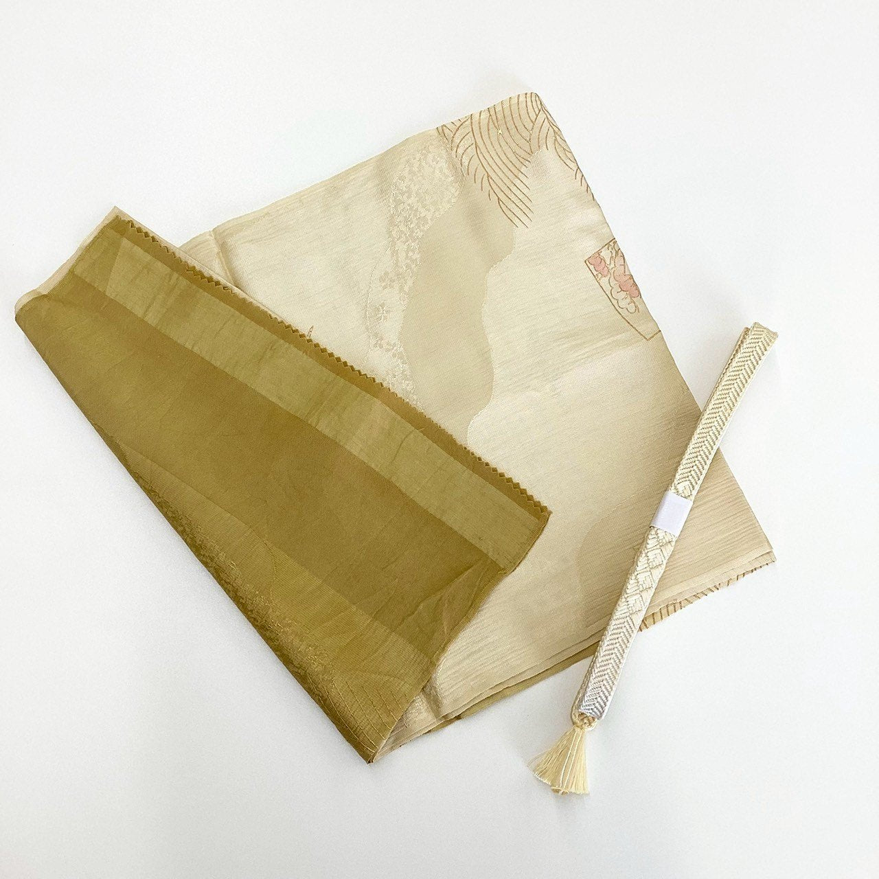 ［8504］帯締め 帯揚げ セット 松舞蝶立波色紙文様 金彩 正絹 着物 帯絞め