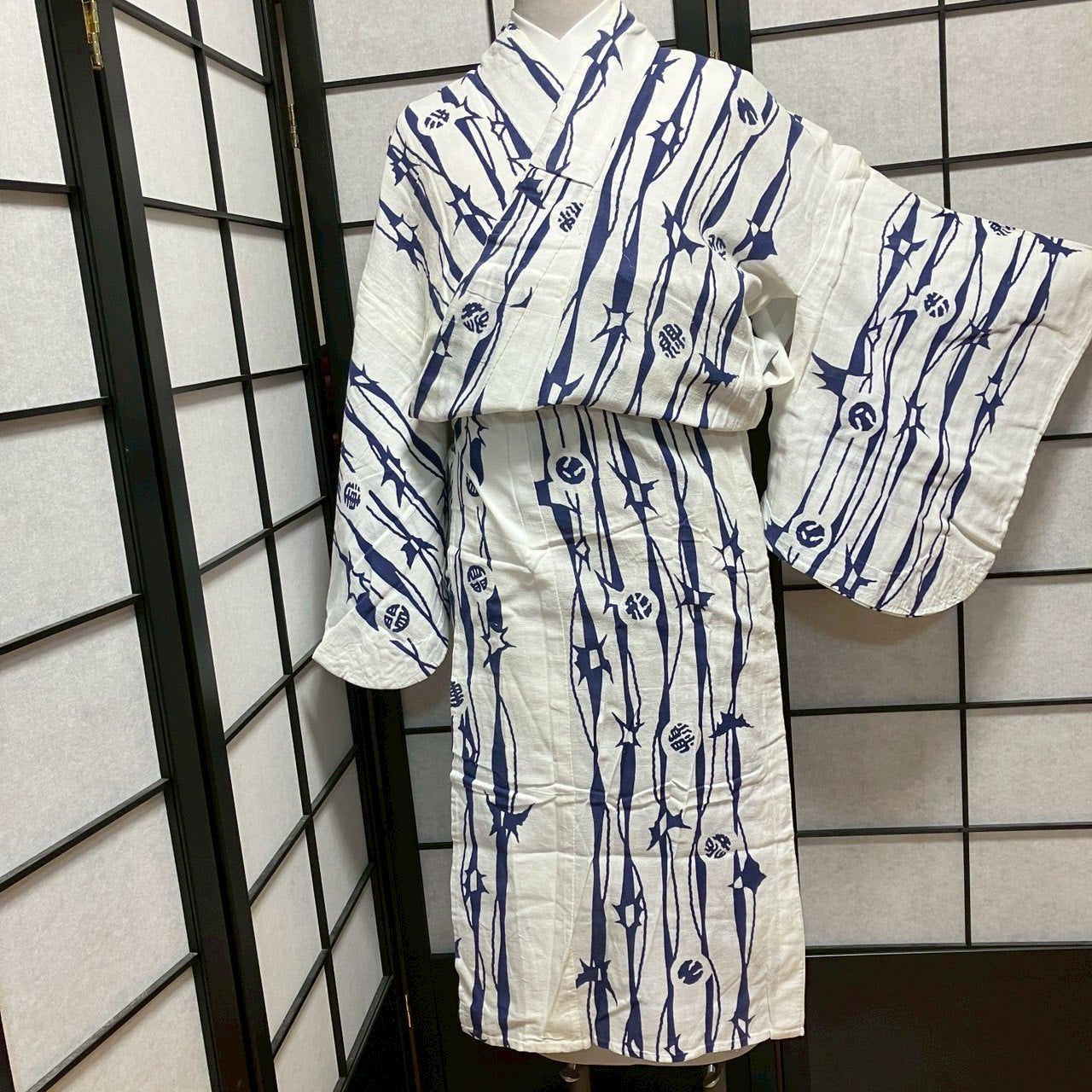 ［9125］浴衣 樹木文様 ゆかた レディース 綿 リメイク 白