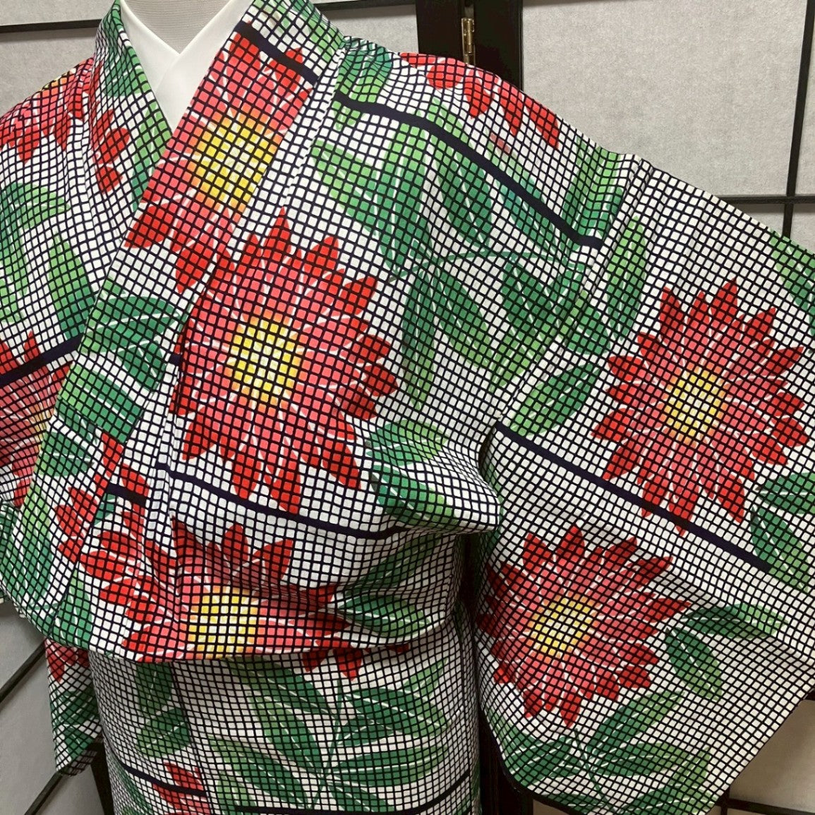 ［9150］浴衣 美品 草花格子文様 ゆかた レディース 綿 リメイク