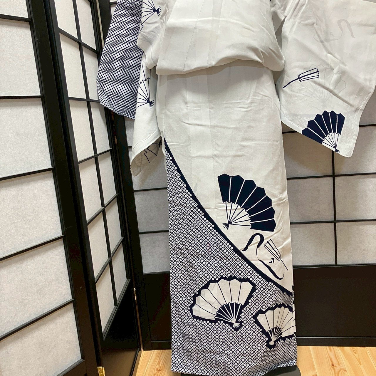 ［8789］浴衣 扇吉祥文様 鹿の子柄 綿 ゆかた レディース リメイク