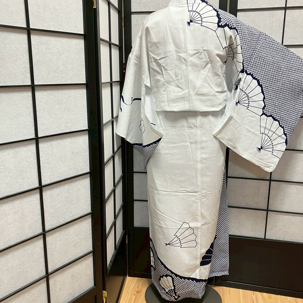 ［8789］浴衣 扇吉祥文様 鹿の子柄 綿 ゆかた レディース リメイク