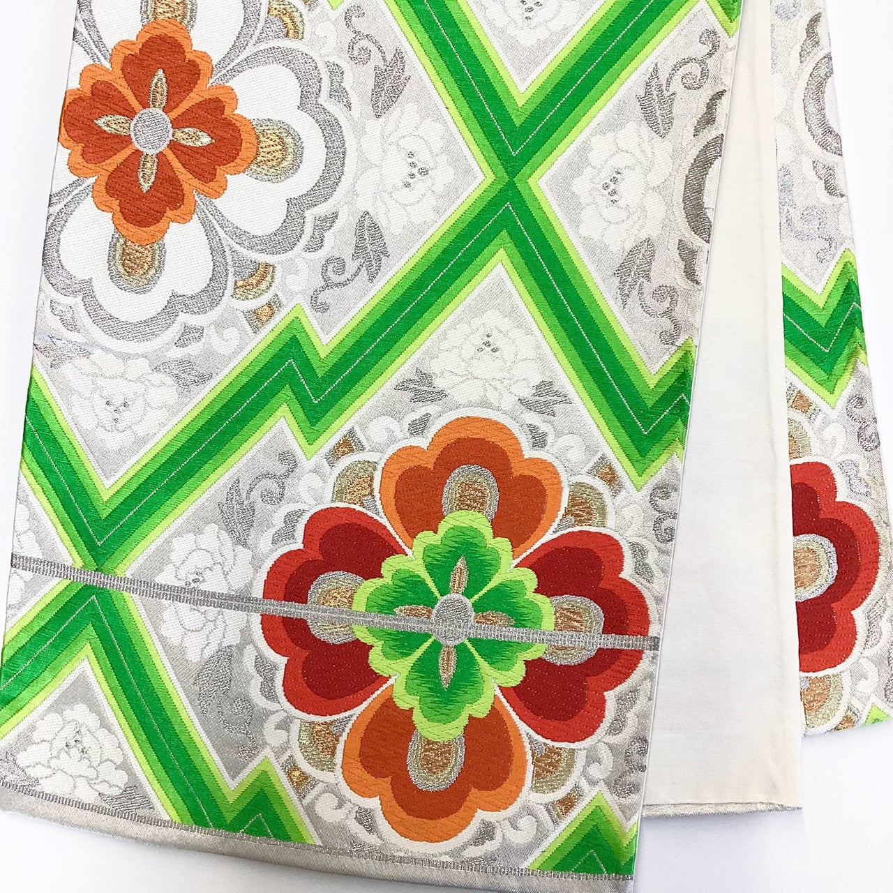 ［8902］袋帯 花菱文様 刺繍 銀彩 六通 正絹 着物 フォーマル